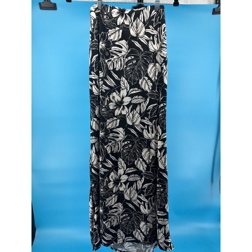 Chocolate USA Maxi Skirt Black White Tropical Floral Hibiscus Side Slit‎ Small